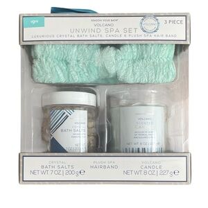 Volcano Unwind Spa Set Candle Bath Salts Plush Hair Band Gift Set NIB